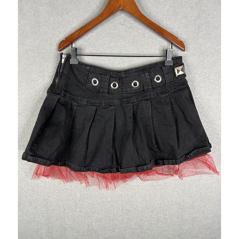 Vintage Goth Tripp NYC Size 14 Black Pleated Mini Skirt Red Tulle Y2K Retro 90s‎